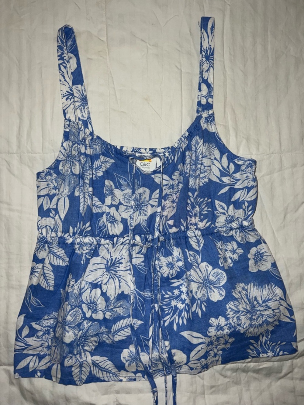 100% Linen C&C California Blue & White Floral Tie-Waist Camisole